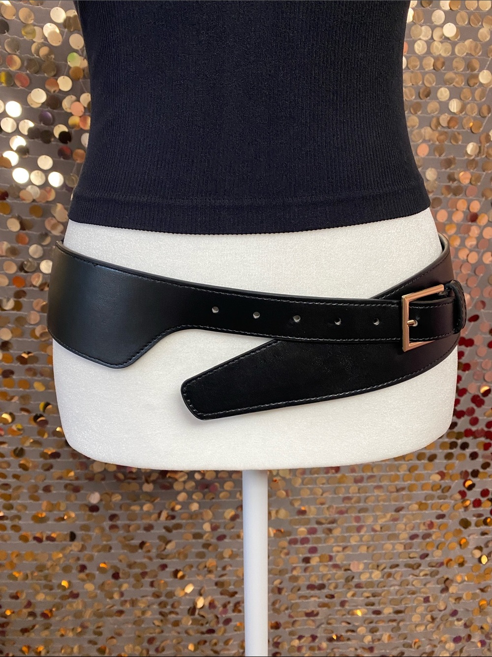 Black elastic belt with gold tone buckle #406